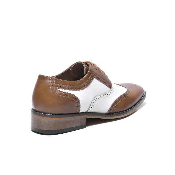 Tan Brown White 1920's Wingtip Lace up Oxford Dress Shoes - Picture 3 of 6